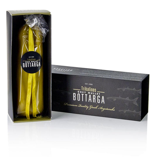 Bild eines Stücks Bottarga/Avgotaraho - Meeräschenrogen, einer beliebten Delikatesse aus Griechenland, hergestellt von der Familie Trikalinos
