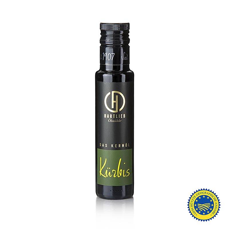 Kürbiskernöl aus der Steiermark ggA, 100% rein, Hartlieb, 100 ml - Beschreibung des Prozesses der Herstellung von Kürbiskernöl und seiner Verwendung in der Küche