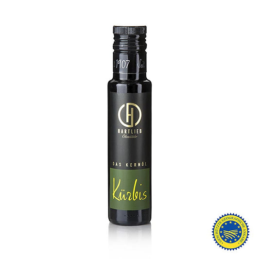 Kürbiskernöl aus der Steiermark ggA, 100% rein, Hartlieb, 100 ml - Beschreibung des Prozesses der Herstellung von Kürbiskernöl und seiner Verwendung in der Küche