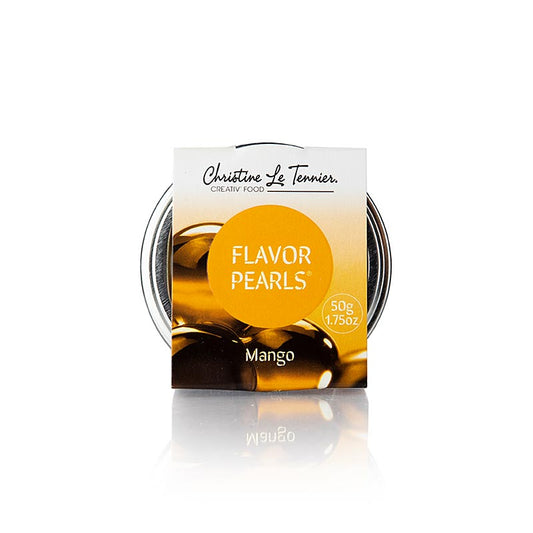 Fruchtkaviar Mango, Perlgrösse 5mm, Sphären, Les Perles, 50 g - Sphärische Frucht-Cocktail-Perlen, 5 mm groß, umhüllt von dünnen Membranen, gefüllt mit leckerem Fruchtsaft, ideal als Deko oder Beigabe zu Getränken und Gerichten