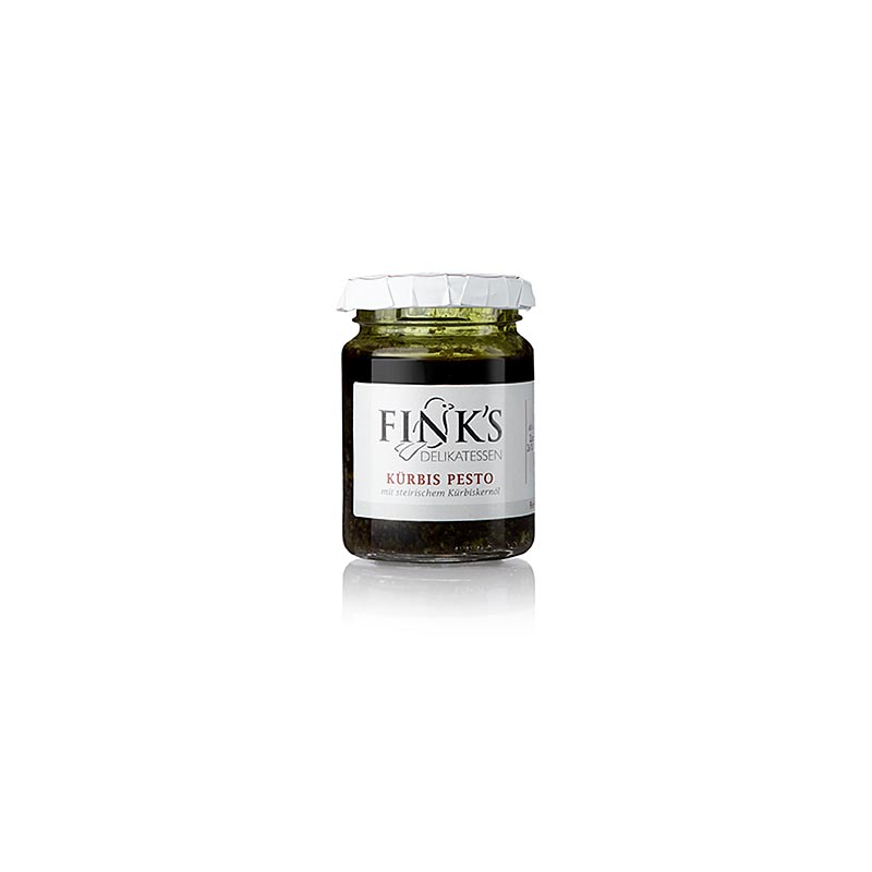 Kürbispesto, mit Muskatkürbis und Bergkäse, Fink´s Delikatessen, 80 g - Fruchtig-nussiges Pesto aus Muskatkürbisfleisch und -kernen, perfekt als Aufstrich oder zu Käse, Sülzchen, Fleischgerichten und Pasta, hergestellt in Walkersdorf im steirischen Obstland mit mineralstoffreichen Böden und sonnenreichem Klima für reinen und kräftigen Geschmack aus der Natur