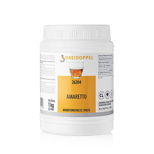 Fruchtpaste Amaretto-Dreidoppel Nr 262, 1 kg, zur Aromatisierung von Cremes, Sahne, Quark, Desserts, Pralinen, Eis etc Neben Karamell besteht sie aus Aromastoffen, Invertzucker- und Glukosesirup
