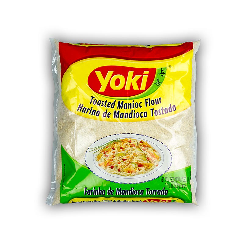 Bild eines 500g Beutels geröstetes Maniokmehl, eine glutenfreie Alternative zu Getreidemehl, hergestellt aus Maniokwurzeln