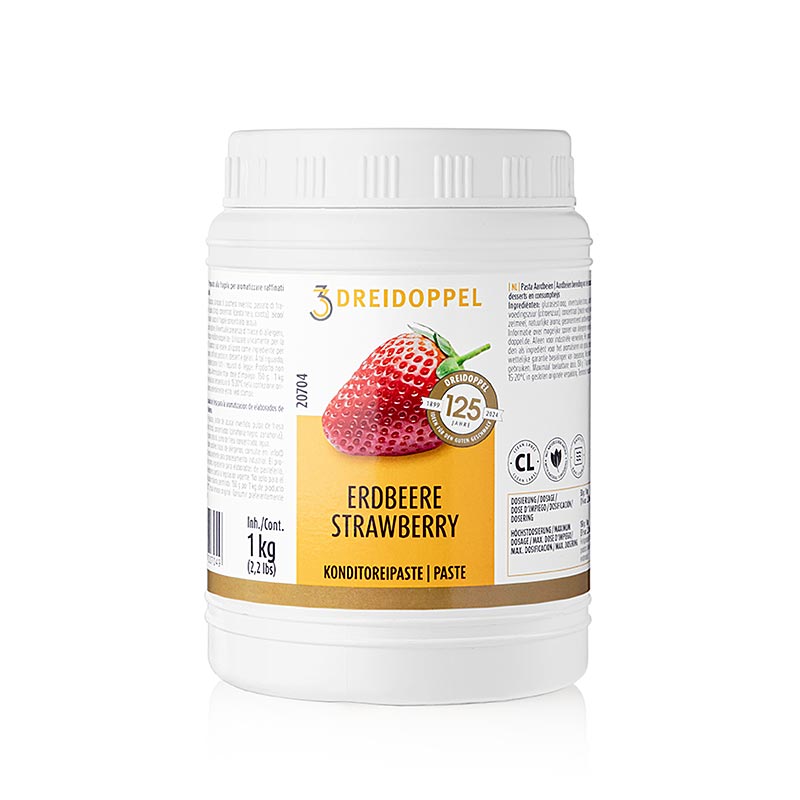 Fruchtpaste Erdbeer-Paste von Dreidoppel, No207, 1 kg, ideal zum Aromatisieren von Cremes, Sahne, Quark, Desserts, Pralinen, Eis Enthält Aromaextrakte, natürliche Aromastoffe, Erdbeeren, Glukose- und Invertzuckersirup