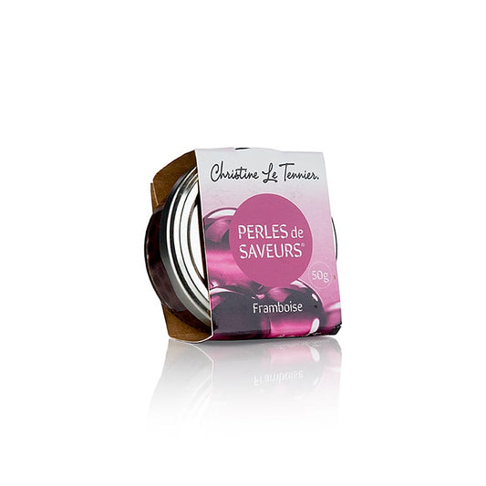 Sphärische Balsamico-Cocktail-Perlen mit 5 mm Größe und Himbeersaftfüllung, ideal als überraschende Beigabe zu herzhaften Gerichten