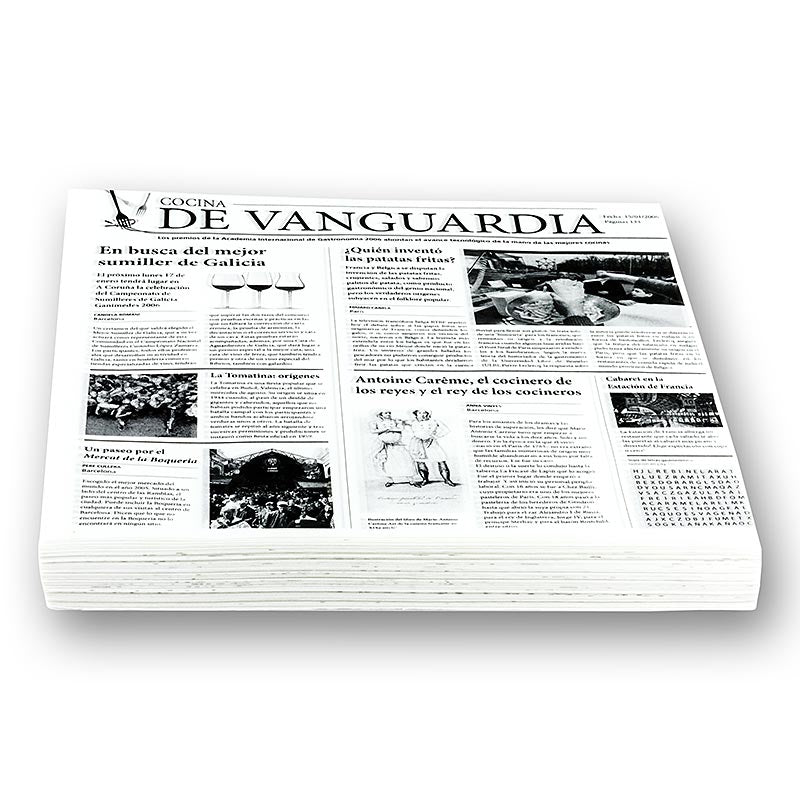 Einweg Snack Papier mit Zeitungspapierdruck, ca290x300mm, De Vanguardia, 500 Blatt - Hochwertiges Einweg Snack Papier mit authentischem Zeitungspapierdruck, ideal für die Verpackung von Snacks und Lebensmitteln, Maße ca 290x300mm, 500 Blatt