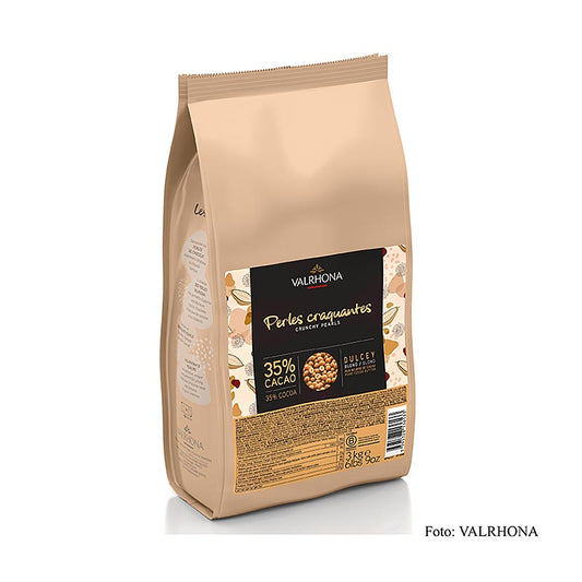 Valrhona Knusprige Perlen, Getreidefüllung mit Dulcey Schokoüberzug, blond, 3 kg - Knusprige Perlen mit gerösteter Getreidefüllung, umhüllt von Schokolade Dulcey mit 32% Kakao und Karamellnote, perfekt für Desserts