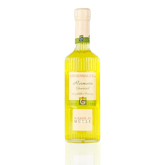 Gewürzöl Rosmarin, mit Sonnenblumenkernöl, 250 ml - Hochwertiges Gewürzöl aus Sonnenblumenkernen und Minze, gewonnen durch spezielles Pressverfahren, perfekt zum Verfeinern von Salaten, Pasta, Fleisch, Fisch, Gemüse und Suppen in der Wiener Öl Mühle von Erwin Gegenbauer