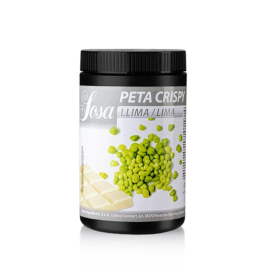 Bild einer Packung Peta Crispy Knallbrause in Limettengeschmack, umhüllt von einer extradicken Schicht aus Kakaobutter, ideal zum Bestreuen von Eis, Cremes und für Pralinenfüllungen