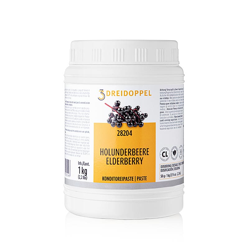Fruchtpaste Holunderbeeren-Paste von Dreidoppel, No282, 1 kg, ideal zum Aromatisieren von Cremes, Sahne, Quark, Desserts, Pralinen und Eis Hergestellt aus Holunderbeerensaft, natürlichen und naturidentischen Aromastoffen, Invertzucker- und Glukosesirup