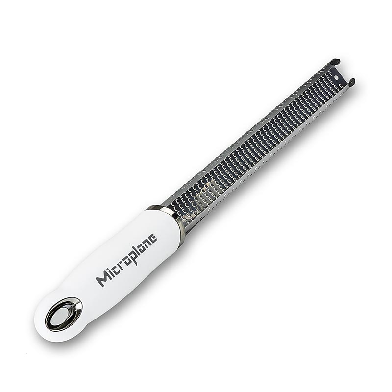Premium Classic - Stab, Zesten Reibe, Griff weiß/soft-touch, 1 St - Zestenreibe von MICROPLANE, ideal für Zitrusfrüchte, Hartkäse und mehr Stab-Reibefläche: 20,3x2,5cm, extrem scharfe und langlebige Klingen Spülmaschinengeeignet (außer Schutzhülle), kratzfeste Kunststoff-Füße