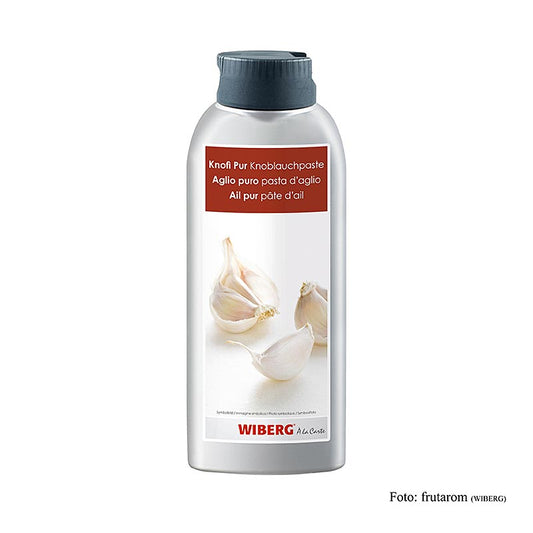 Intensive, kräftige Knoblauchpaste von Wiberg Knofi pur, ideal zum Verfeinern von Salaten, Aufstrichen, Fonds, Suppen, Saucen, Fleisch, Geflügel, Wild, Wildgeflügel, Fisch, Krustentieren, Gemüsen und Beilagen