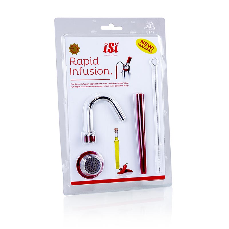 Rapid Infusion Set für Gourmet und Thermo Whip, 5 tlg: Zubehör für die schnelle Aromatisierung von Flüssigkeiten mit iSi Gerät Ermöglicht das Einbinden von Aromen aus Feststoffen in Alkohol, Öl, Wasser oder Essig Entlastet den Druck bei Anwendungen mit dem iSi Gourmet Whip oder iSi Thermo Whip Ermöglicht das Auffangen von Schaum oder Flüssigkeiten in einem Behälter