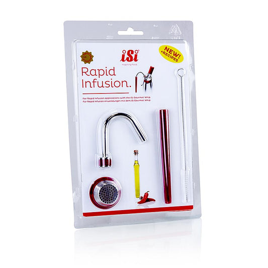 Rapid Infusion Set für Gourmet und Thermo Whip, 5 tlg: Zubehör für die schnelle Aromatisierung von Flüssigkeiten mit iSi Gerät Ermöglicht das Einbinden von Aromen aus Feststoffen in Alkohol, Öl, Wasser oder Essig Entlastet den Druck bei Anwendungen mit dem iSi Gourmet Whip oder iSi Thermo Whip Ermöglicht das Auffangen von Schaum oder Flüssigkeiten in einem Behälter