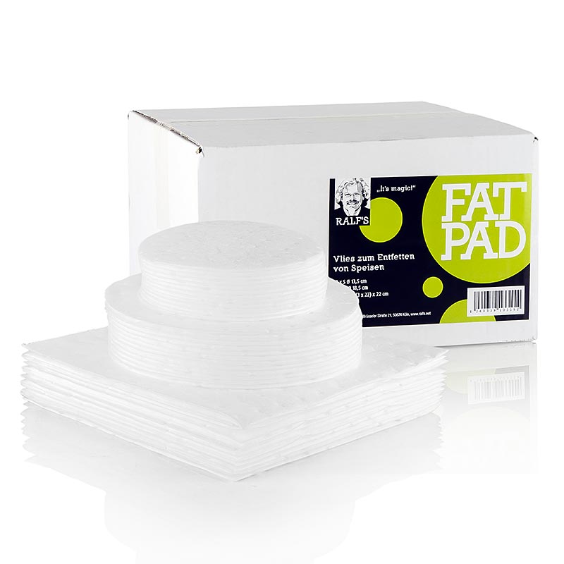Ralfs FatPad Package (12 x S, 12 x M, 4 x XXL), 28 tlg: Neuartiges Vlies zum schnellen Entfetten von heißen Suppen, Saucen und frittierten Speisen Entzieht nur das Oberflächenfett, ohne deren Haptik und Geschmack zu beeinträchtigen Ideal für professionelle Küche und Haushalt Einsetzbar für Öle und Fette bis max 140°C