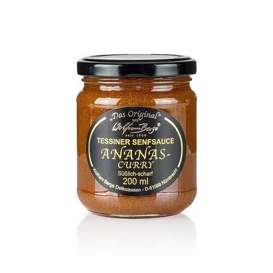 Original Tessiner Ananas-Curry-Senf-Sauce, Wolfram Berge, 200 ml - Süßlich-scharfe Fruchtsauce zum Verfeinern von Grillfleisch und Käse