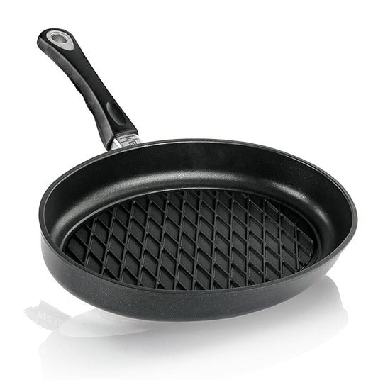 AMT Gastroguss Grillpfanne mit BBQ-Rautenmuster, hoher Qualität, für verschiedene Herdarten geeignet, leicht zu reinigen, mit ergonomischen Griffen, backofenfest bis 260°C