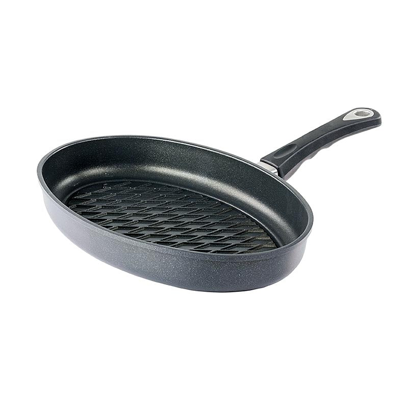 AMT Gastroguss Grillpfanne, oval, Induktion, mit BBQ-Rautenmuster 35x24cm Hochwertiges, plasma-beschichtetes Aluminiumguss-Kochgeschirr aus Deutschland, mit 8-9mm Thermoboden, 3-Schichten-Oberflächenversiegelung und ergonomischen Griffen Backofenfest bis 260°C