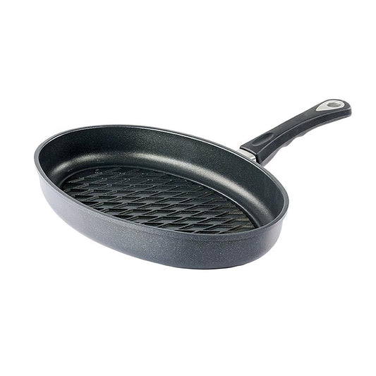 AMT Gastroguss Grillpfanne, oval, Induktion, mit BBQ-Rautenmuster 35x24cm Hochwertiges, plasma-beschichtetes Aluminiumguss-Kochgeschirr aus Deutschland, mit 8-9mm Thermoboden, 3-Schichten-Oberflächenversiegelung und ergonomischen Griffen Backofenfest bis 260°C
