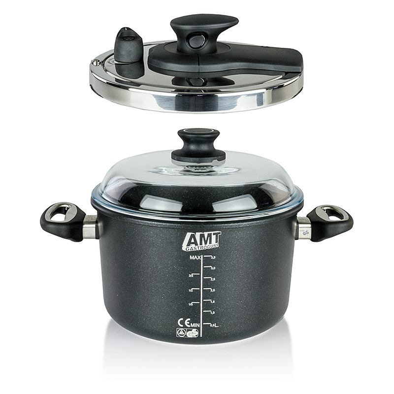 AMT Gastroguss, Schnellkochtopf mit Deckel, ø 24cm, 1 St - Hochwertiges Aluminiumguss-Kochgeschirr, hergestellt in Deutschland, mit 8-9mm Thermoboden, 3-Schichten-Oberflächenversiegelung, und funktionellen ergonomischen Griffen, backofenfest bis 260°C, geeignet für Ceran-, Gas- und Elektroherde sowie Induktionsherde
