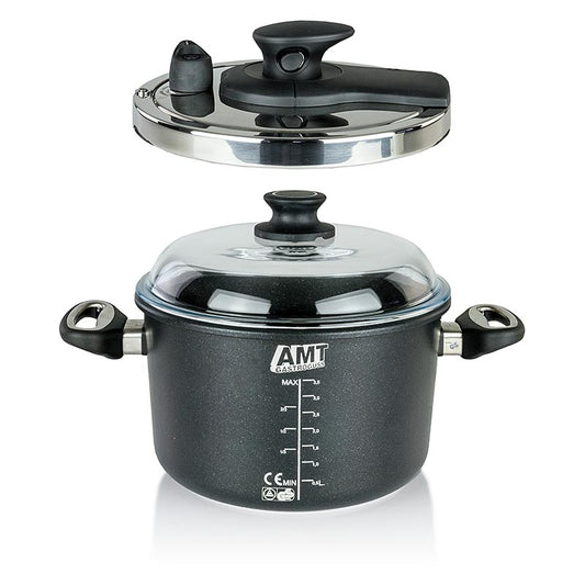 AMT Gastroguss, Schnellkochtopf mit Deckel, ø 24cm, 1 St - Hochwertiges Aluminiumguss-Kochgeschirr, hergestellt in Deutschland, mit 8-9mm Thermoboden, 3-Schichten-Oberflächenversiegelung, und funktionellen ergonomischen Griffen, backofenfest bis 260°C, geeignet für Ceran-, Gas- und Elektroherde sowie Induktionsherde