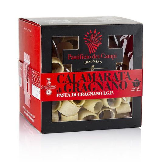 Die Gragnanopasta des Pastificio dei Campi, No56 Calamarata, ist eine einzigartige Pasta aus Gragnano, IGP/gU, hergestellt aus Hartweizenmehl und Wasser aus dem lokalen Grundwasserspiegel