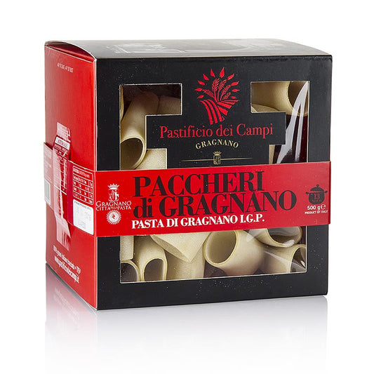 Paccheri (halbe Canneloni) Pasta von Pastificio dei Campi, Gragnano, IGP/gU, 500 g - hochwertige Pasta aus Hartweizen, hergestellt in Gragnano mit lokalem Grundwasser, rückverfolgbar bis zum Anbau
