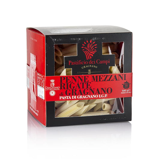 Pastificio dei Campi - No38 Penne Mezzani Rigate, Pasta di Gragnano, IGP/gU, 500 g - Eine einzigartige und qualitativ hochwertige Gragnanopasta aus Hartweizenmehl und lokalem Grundwasser, die beim Kochen al dente bleibt und eine jahrhundertealte Tradition aus der Gemeinde Gragnano widerspiegelt
