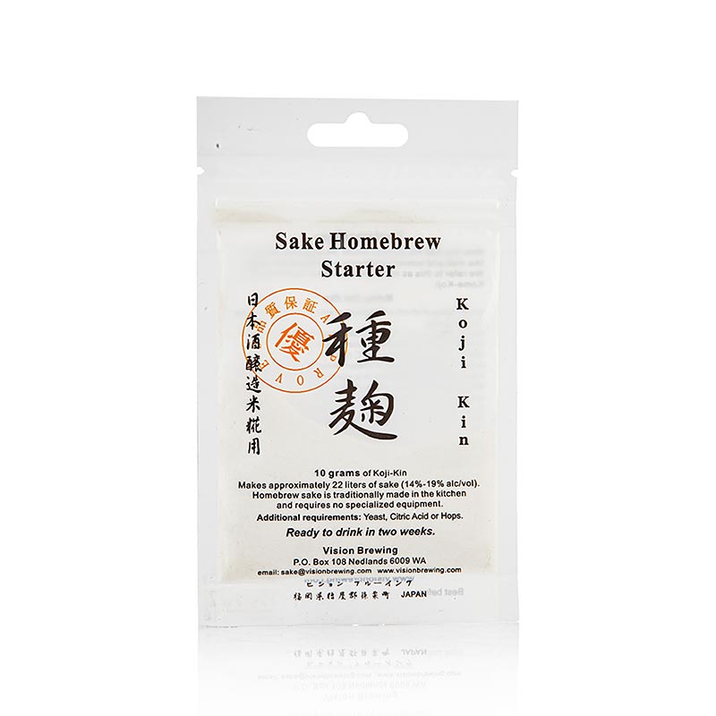 Bild eines 10 g Koji-Kin Kultur Sake Starterkultur Pulvers, das Aspergillus Oryzae Pilz in gefriergetrockneter Version zeigt, für die Fermentation von Reis, Getreide und Sojabohnen zur Herstellung von Miso, Sojasauce, Sake etc geeignet