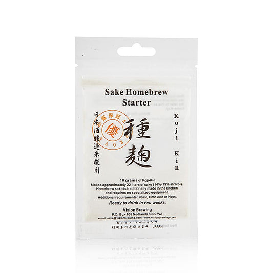 Bild eines 10 g Koji-Kin Kultur Sake Starterkultur Pulvers, das Aspergillus Oryzae Pilz in gefriergetrockneter Version zeigt, für die Fermentation von Reis, Getreide und Sojabohnen zur Herstellung von Miso, Sojasauce, Sake etc geeignet