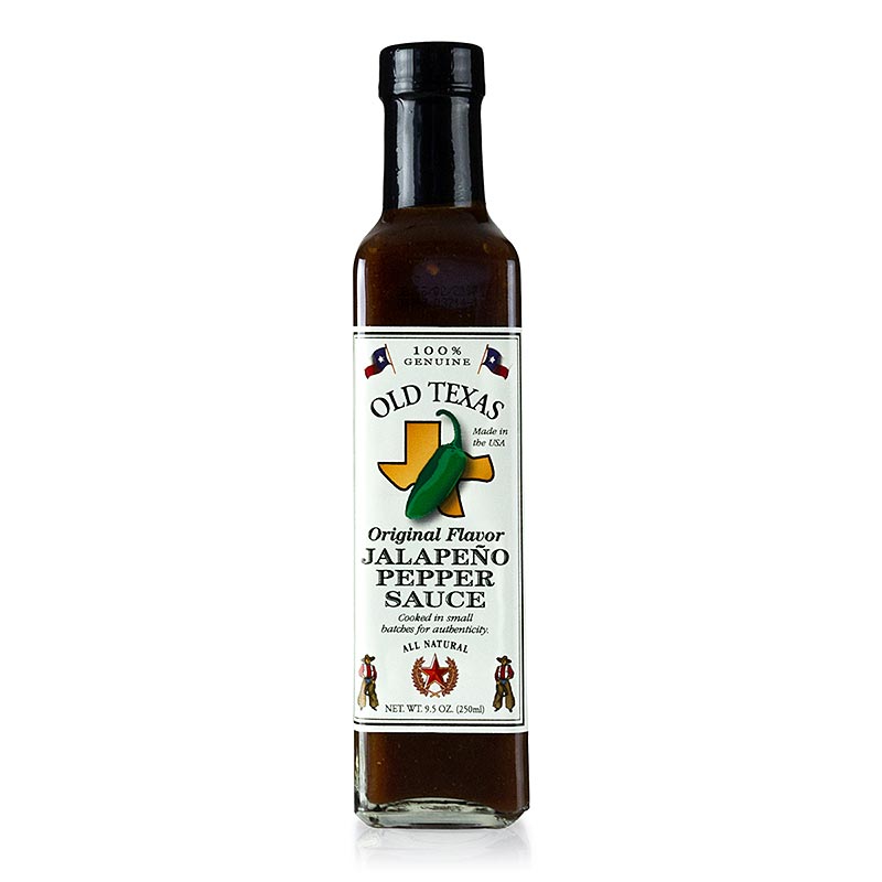 250 ml bottle of Old Texas Jalapeno Pepper BBQ Sauce, a spicy and tangy condiment perfect for grilling and marinating meats (English)