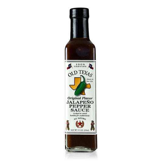 250 ml bottle of Old Texas Jalapeno Pepper BBQ Sauce, a spicy and tangy condiment perfect for grilling and marinating meats (English)