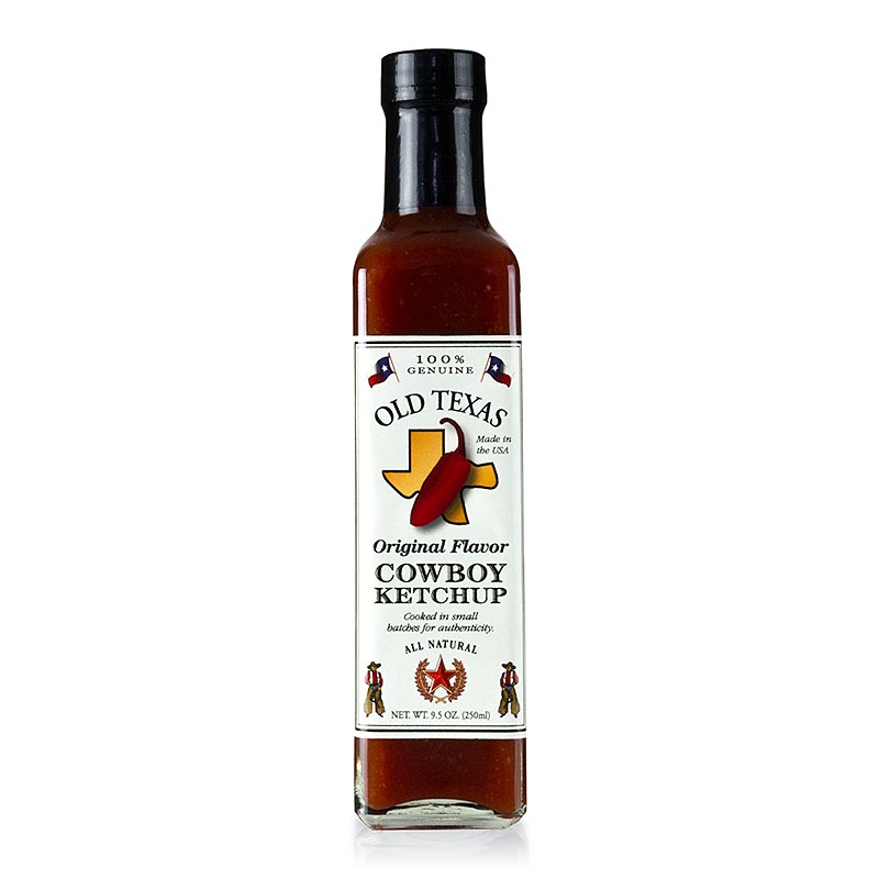 250 ml Flasche Old Texas - Cowboy Ketchup, ein scharfer Tomatenketchup, perfekt für Pommes Frites, Burger, Omelett und andere Gerichte, die Ketchup benötigen