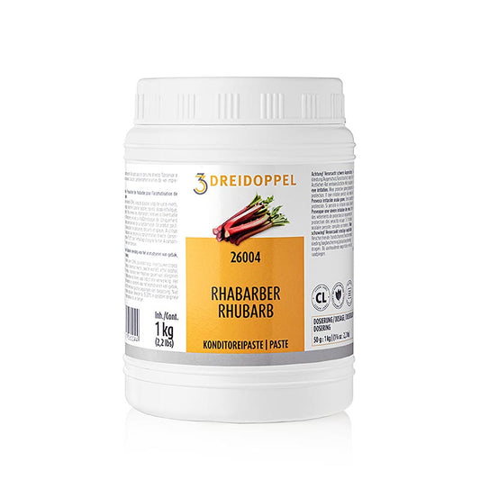Fruchtpaste Rhabarber-Paste, Dreidoppel, No260, 1 kg, zur Aromatisierung von Cremes, Sahne, Quark, Desserts, Pralinen, Eis etc, enthält Fruchtauszüge, Aromastoffe, Invertzucker- und Glukosesirup und Rhabarberpüree für einen leckeren und fruchtigen Geschmack