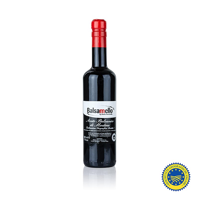 Flasche Aceto Balsamico di Modena ggA, ABB50, Balsamello, 500 ml, ideal für Dressings und zum Abschmecken von Fleischgerichten und Saucen