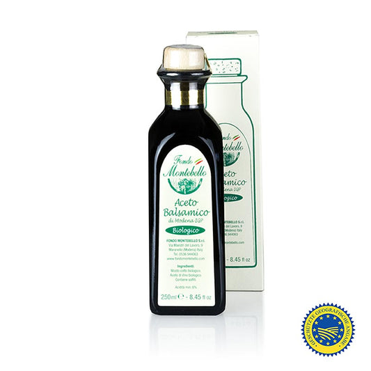Bio Aceto Balsamico di Modena ggA Biologico, FM03, Fondo Montebello, 250 ml, hergestellt aus Bio Trauben in Modena, verfeinert Pasta-Gerichte, bereichert den Geschmack von Fleisch und passt zu vielen Salaten