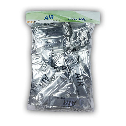 Biozoon SeneoPro - Air-Instant Sticks, Schaummittel, 100x2g, 200g, 100 Stück - Produktbild zeigt die Verpackung und die Anwendung des natürlichen Schäumungsmittels für die Herstellung von aromatischen, feinporigen Schaum aus Säften oder Flüssigkeiten