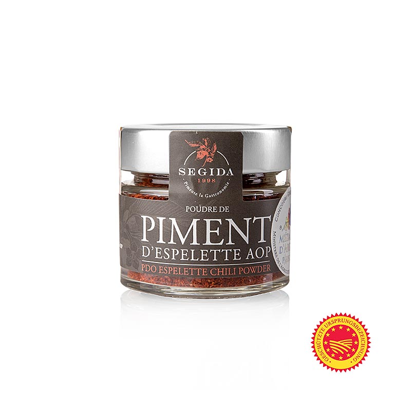 Piment d´Espelette, der französische Pfeffer, Chilipulver, gU, 40 g - Illustration des Produkts mit Beschreibung und Verwendungsmöglichkeiten