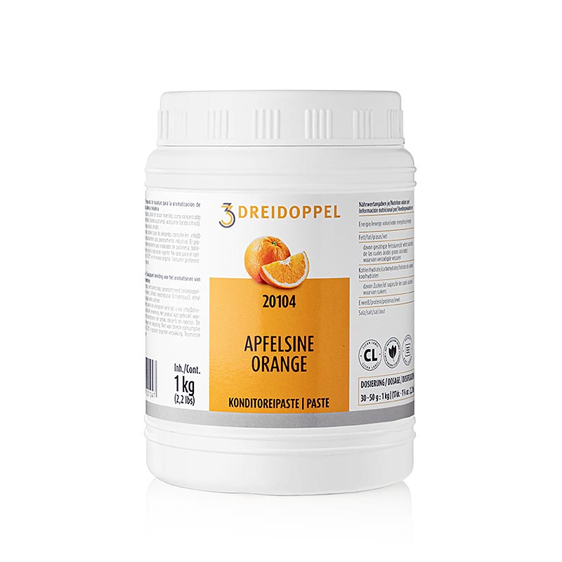Fruchtpaste Apfelsinen-Paste von Dreidoppel No201, 1 kg, zum Aromatisieren von Cremes, Sahne, Quark, Desserts, Pralinen und Eis Hergestellt aus Orangensaft, Aromastoffen, Invertzucker- und Glukosesirup