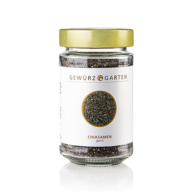 Illustration der Verpackung von Gewürzgarten Chia Samen, 150 g - Ursprünglich aus Mexiko stammend, gehören Chiasamen zur Gattung der Salbei Pflanzen und sind gemäß der EFSA als neuartige Lebensmittelzutat mit erweiterten Verwendungszwecken genehmigt Entdecken Sie jetzt die vielfältigen Einsatzmöglichkeiten!