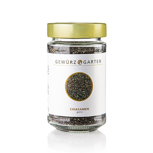 Illustration der Verpackung von Gewürzgarten Chia Samen, 150 g - Ursprünglich aus Mexiko stammend, gehören Chiasamen zur Gattung der Salbei Pflanzen und sind gemäß der EFSA als neuartige Lebensmittelzutat mit erweiterten Verwendungszwecken genehmigt Entdecken Sie jetzt die vielfältigen Einsatzmöglichkeiten!