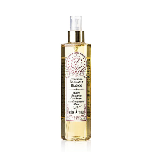Balsamico Bianco Condimento, 5 Jahre, Eichenholzfass, im Zerstäuber, Leonardi, 250 ml - Ideal für Salate, Gemüse, Saucen, Fisch, helles Fleisch und Käse Perfekt für erfrischende Aperitifs
