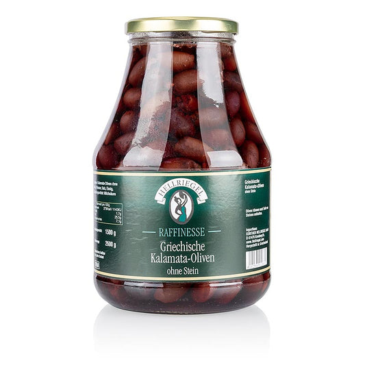 Schwarze Oliven der Sorte Kalamata, ohne Kern, eingelegt in Lake, in einer 2,6 kg Verpackung