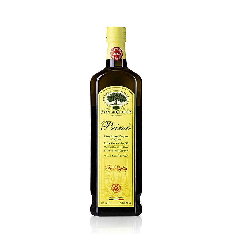 Flasche natives Olivenöl Extra Primo Monti Iblei von Frantoi Cutrera, hergestellt aus 100% Tonda Iblea Oliven, 750 ml, mit frischem, fruchtigem und intensivem Duft von grünen Tomaten und aromatischen Kräutern, voll und anhaltend im Geschmack, ideal zu Bruschetta, gegrilltem Fleisch, Fisch, Wild und rohem sowie gekochtem Gemüse