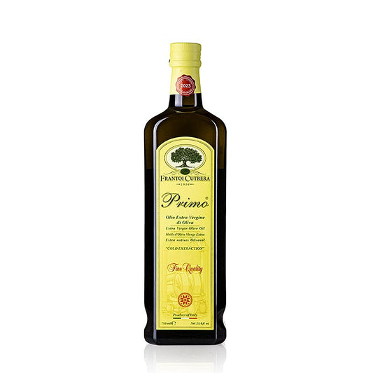 Flasche natives Olivenöl Extra Primo Monti Iblei von Frantoi Cutrera, hergestellt aus 100% Tonda Iblea Oliven, 750 ml, mit frischem, fruchtigem und intensivem Duft von grünen Tomaten und aromatischen Kräutern, voll und anhaltend im Geschmack, ideal zu Bruschetta, gegrilltem Fleisch, Fisch, Wild und rohem sowie gekochtem Gemüse