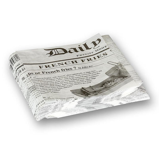 Einweg Snack Tüte mit Zeitungspapierdruck, ca130x130mm, 500 St - Fettichte zweilagige Tüten mit French Fries Aufdruck, lebensmittelunbedenklich