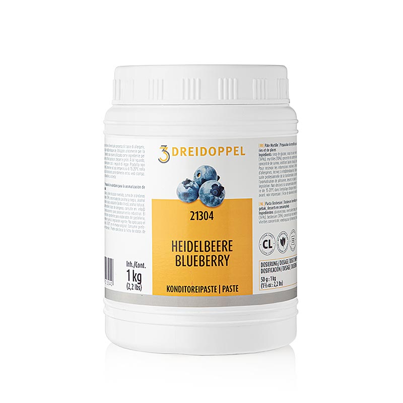 Heidelbeer-Paste von Dreidoppel, No 213, 1 kg, zur Aromatisierung von Cremes, Sahne, Quark, Desserts, Pralinen und Eis, besteht aus Heidelbeeren, Heidelbeersaft, Aromaextrakten, natürlichen Aromastoffen sowie Invertzucker- und Glukosesirup