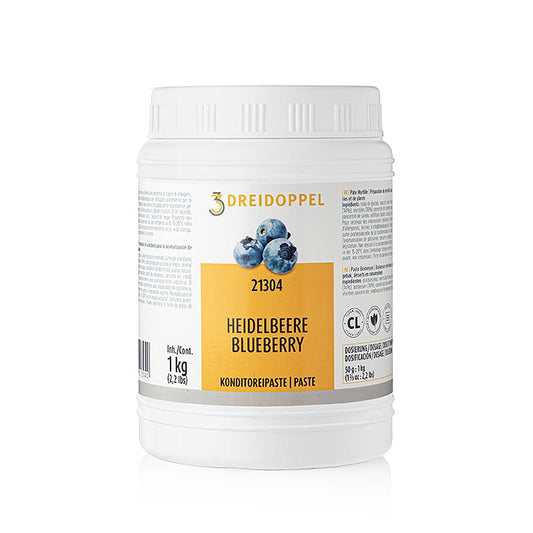 Heidelbeer-Paste von Dreidoppel, No 213, 1 kg, zur Aromatisierung von Cremes, Sahne, Quark, Desserts, Pralinen und Eis, besteht aus Heidelbeeren, Heidelbeersaft, Aromaextrakten, natürlichen Aromastoffen sowie Invertzucker- und Glukosesirup