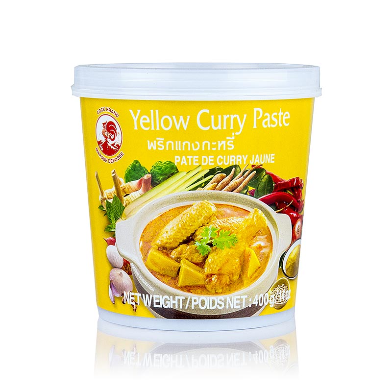 Thailändisches gelbes Curry-Paste in der 400g-Packung von Cock Brand, perfekt für würzige Curry-Gerichte mit Fleisch, Fisch oder Gemüse