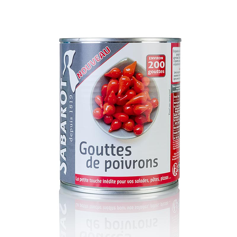 Rotes Glas mit 793 g Paprikatropfen, auch bekannt als Sweety Drops oder Gouttes de Poivron, für kulinarische Kreationen